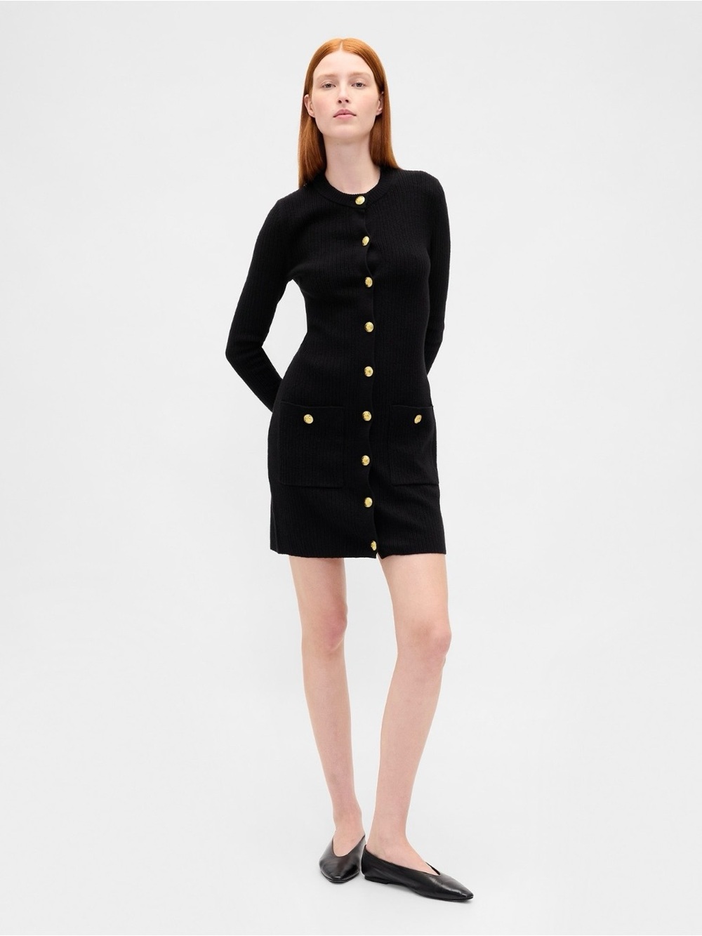 NWT! GAP CashSoft Black Ribbed Mini sweater Dress with Gold Buttons Sz. Small